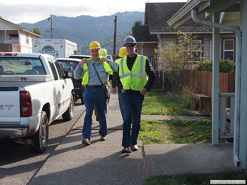 George Reinhardt and Grant Miller, leaving the Eel River Power plant offices and ready for the Scotia power plant tour